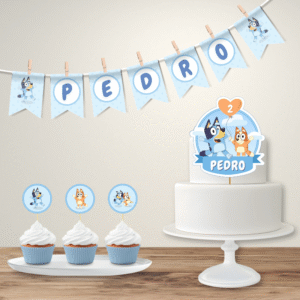 Kit Decoração Bluey – Bandeirola Nome + Topo Bolo + Toppers