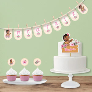 Kit Decoração Moana – Bandeirola Nome + Topo Bolo + Toppers