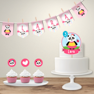 Kit Decoração Panda – Bandeirola Nome + Topo Bolo + Toppers
